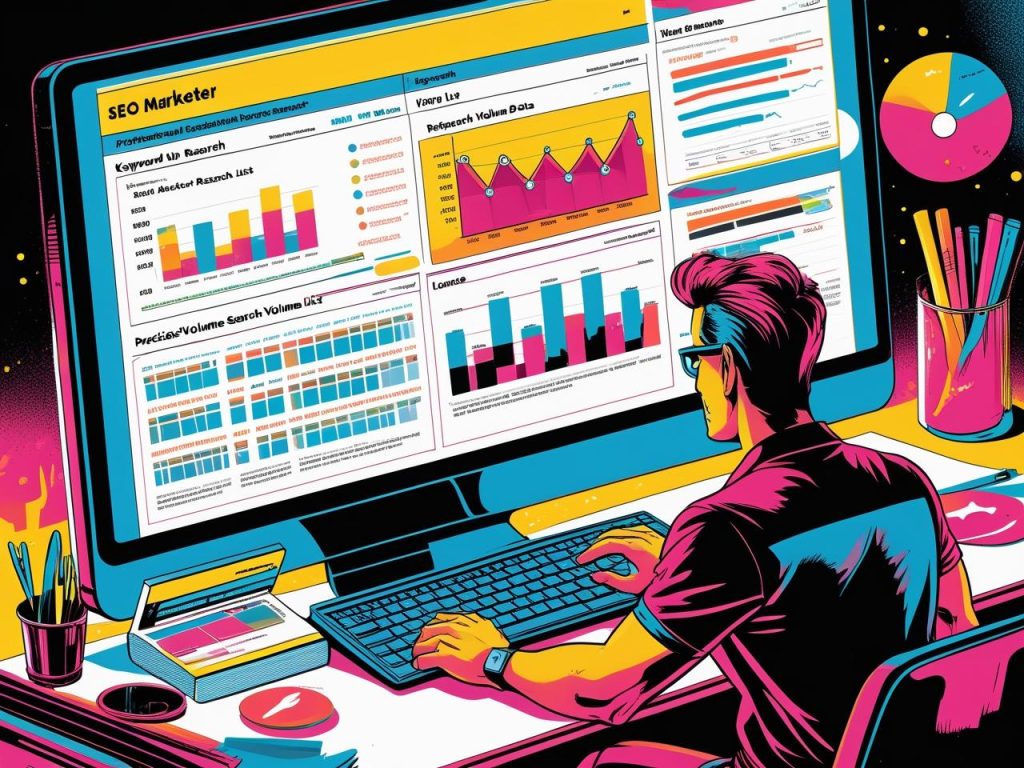 a digital illustration of an SEO marketer doing keyword research. Show a computer screen with keyword lists, search volumes, and graphs.