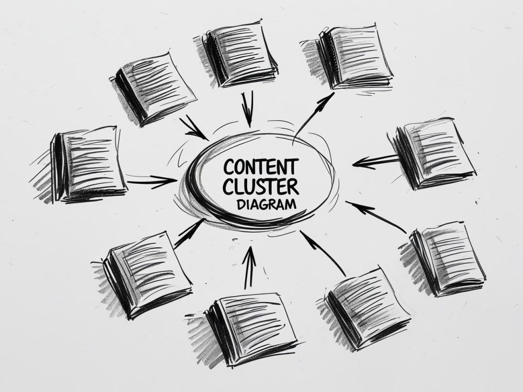 For SEO, a content cluster diagram, hub-and-spoke model, arrows between pages