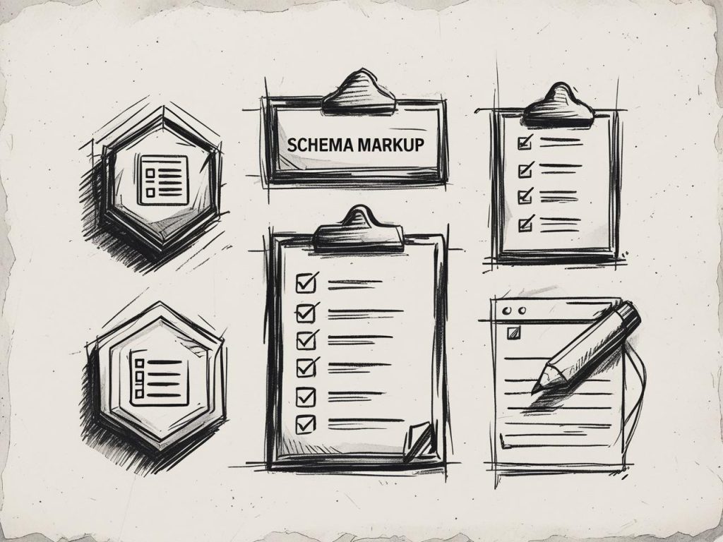 For SEO, a schema markup icon set, checklist clipboard, web code snippet