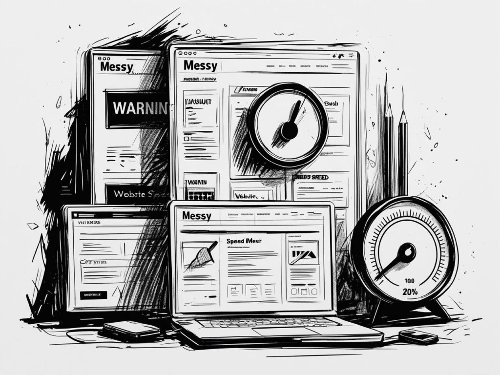 For SEO, a warning sign, website speed meter, messy layout vs clean layout comparison