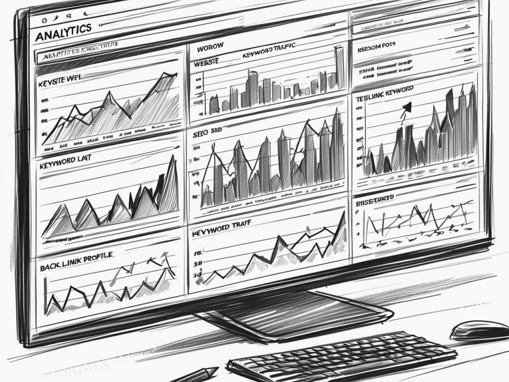 For SEO, an analytics dashboard with graphs, keyword positions, backlinks