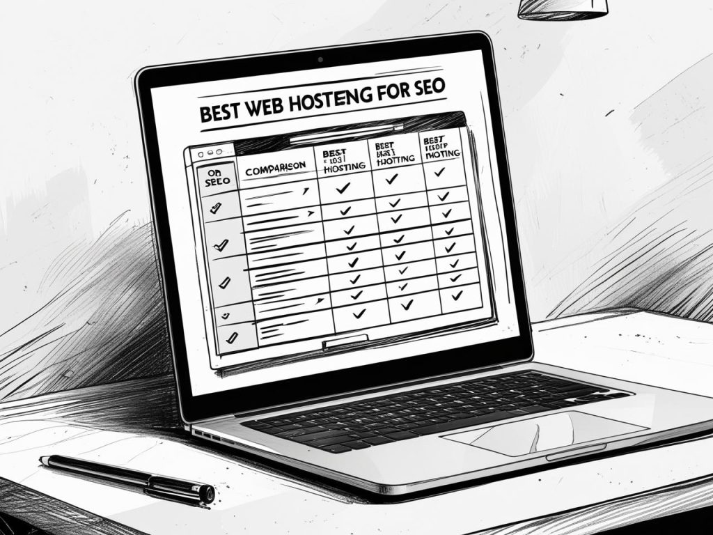 For best web hosting for seo_ a clean comparison table on laptop desk, minimal icons