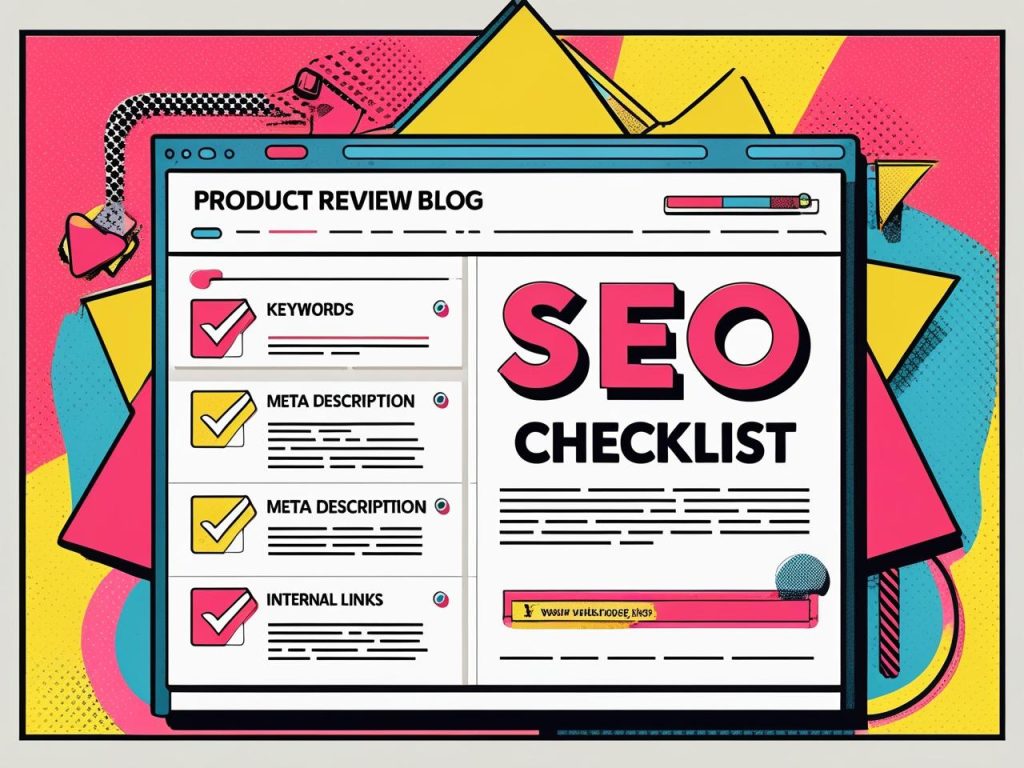 a mockup of a product review blog page with an SEO checklist highlighted (headings, keywords, meta description, internal links).
