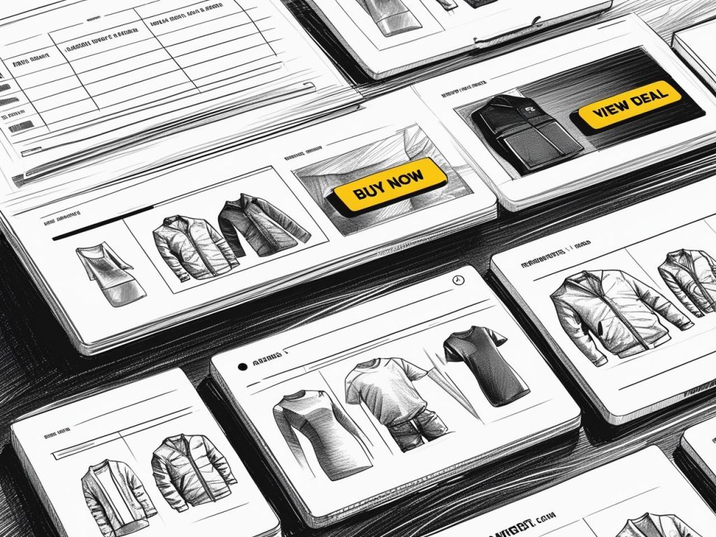 A meticulously detailed black and white pencil sketch depicting a minimalist modern affiliate blog layout. The top features a clean, comparative table, followed by a series of neatly arranged product cards showcasing individual items. Bright, high-contrast call-to-action buttons, reading "Buy Now" and "View Deal," are prominently displayed. The sketch employs subtle shading and a rough, slightly textured style, maintaining a monochrome aesthetic throughout.