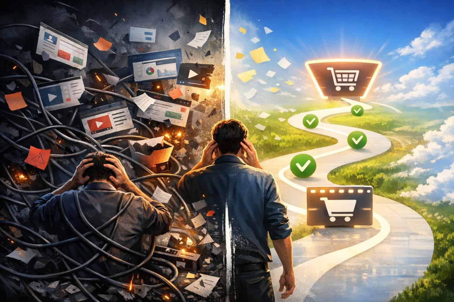 The Hidden Cost of Choosing the Wrong Platform Entrepreneur overwhelmed by disconnected funnel and marketing tools