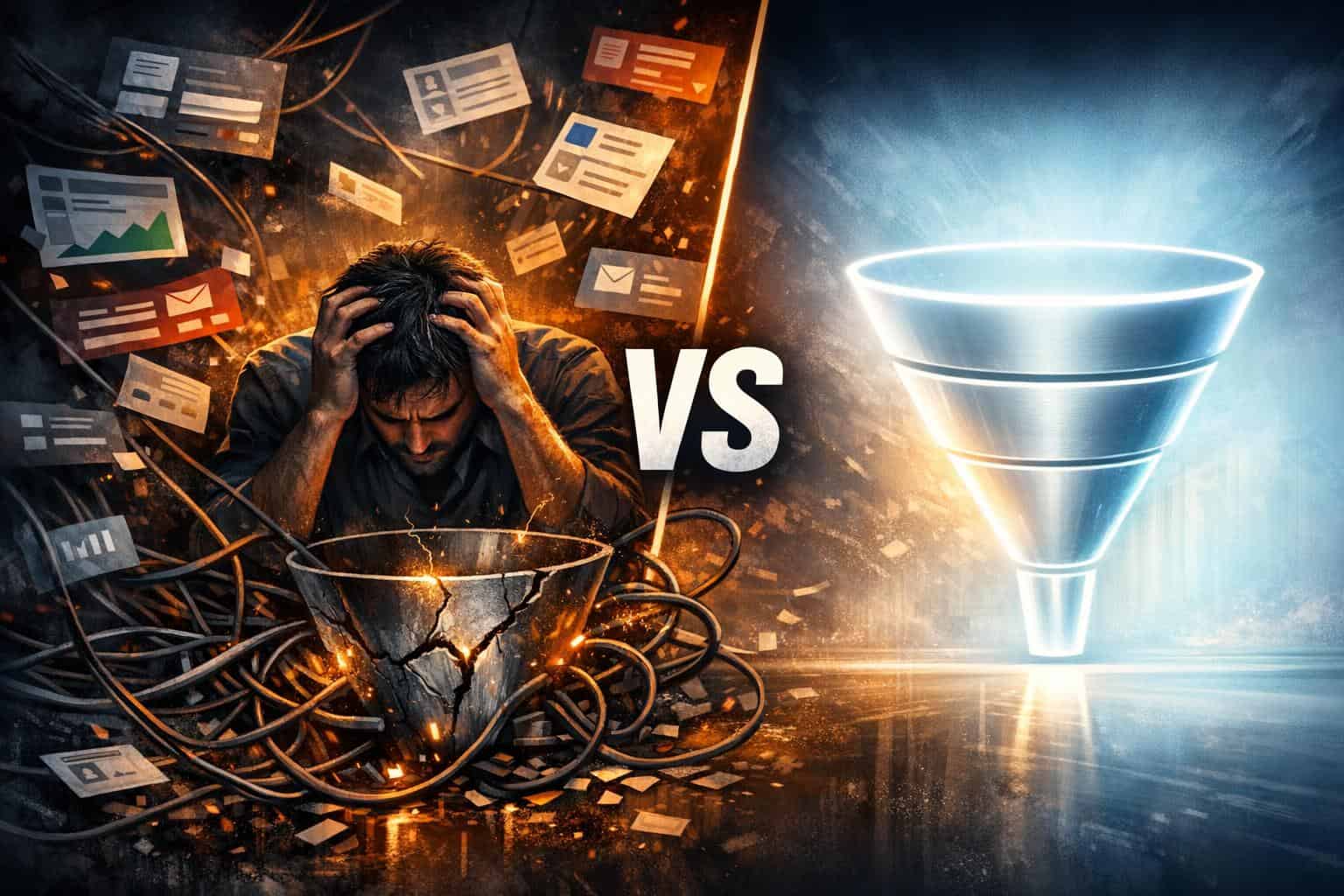When Your Funnel Stack Starts Working Against You Marketer dealing with disconnected funnel tools before choosing sales funnel software