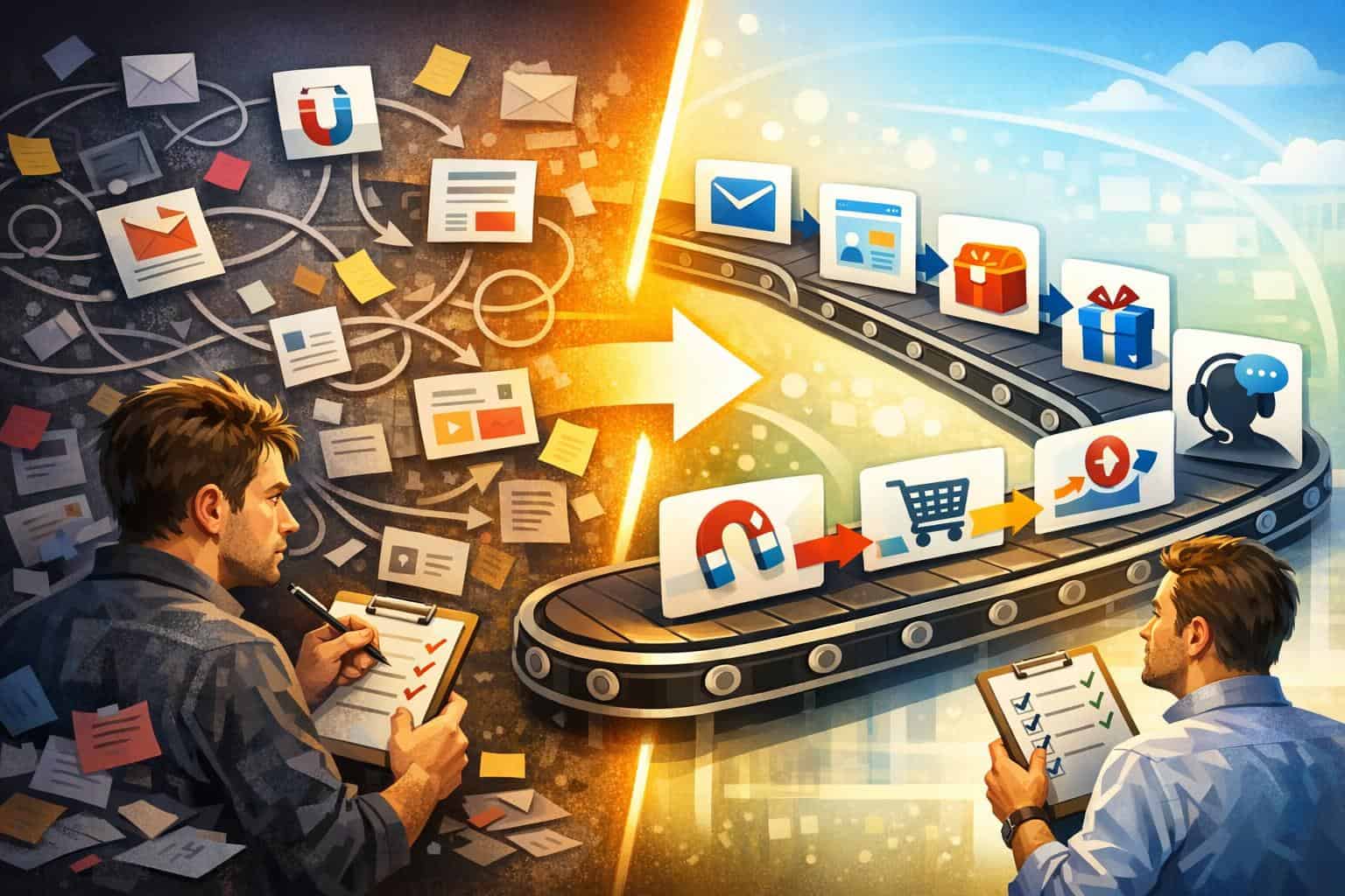 How a Funnel-First Workflow Comes Together Sales funnel workflow from opt in page to checkout and follow up